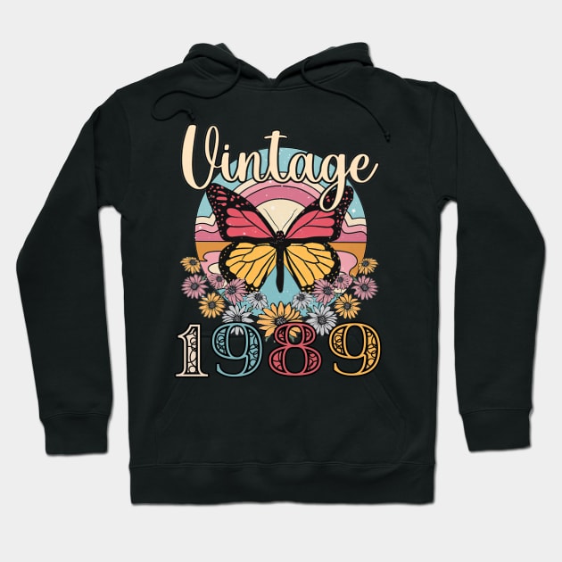 Floral Butterfly Retro Vintage 1989 34th Birthday Hoodie by nakaahikithuy